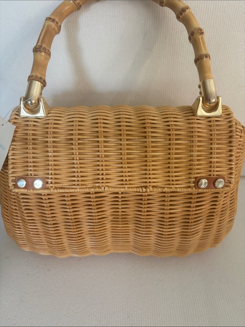 J. McLaughlin Woven Satchel in Natural Tan with Bamboo Handle - Picture 6 of 12